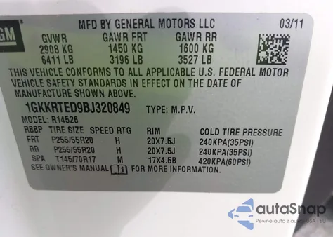 2011 GMC Acadia Denali z USA, uszkodzony, nr VIN 1GKKRTED9BJ320849